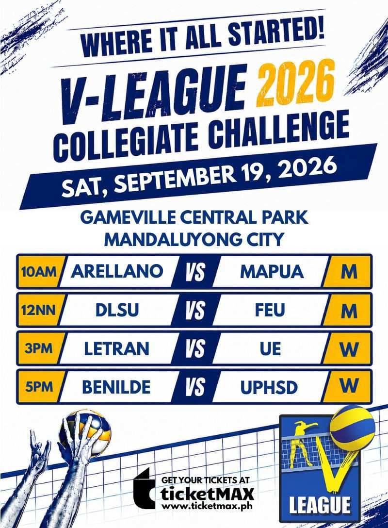VLCC 2026: ARELLANO vs MAPUA (M), DLSU vs FEU (M), LETRAN vs UE (W), and BENILDE vs UPHSD (W)