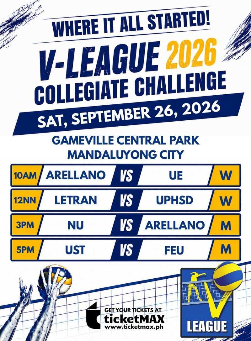 VLCC 2026: ARELLANO vs UE (W), LETRAN vs UPHSD (W), NU vs ARELLANO (M), and UST vs FEU (M)