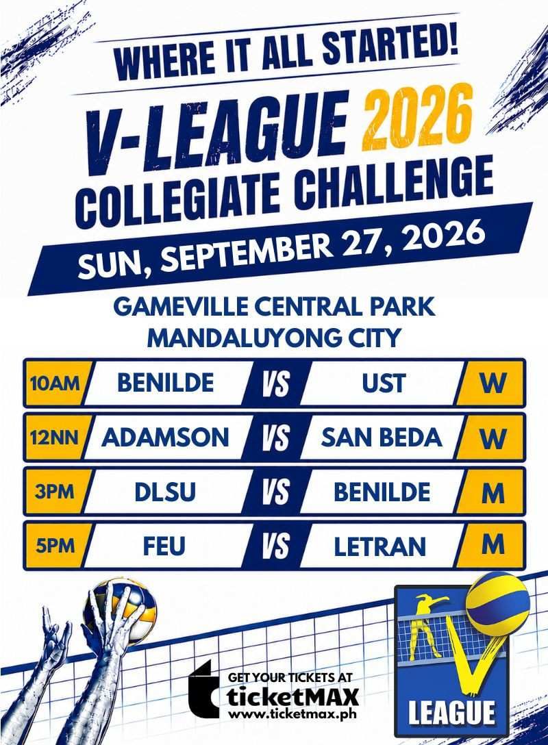 VLCC 2026: BENILDE vs UST (W), ADAMSON vs SAN BEDA (W), DLSU vs BENILDE (M), and FEU vs LETRAN (M)